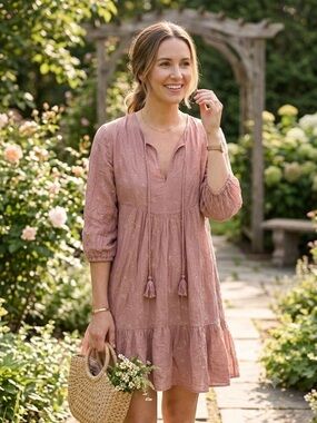 JOHNNY WAS Jade Pink Embroidered Boho Dress Long Sleeve XS Babydoll Slip Tassel
